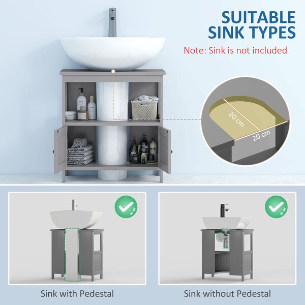 Kleankin Pedestal Under Sink Cabinet, Modern Double Door Bathroom Vanity Storage Unit with Shelves, Light Grey