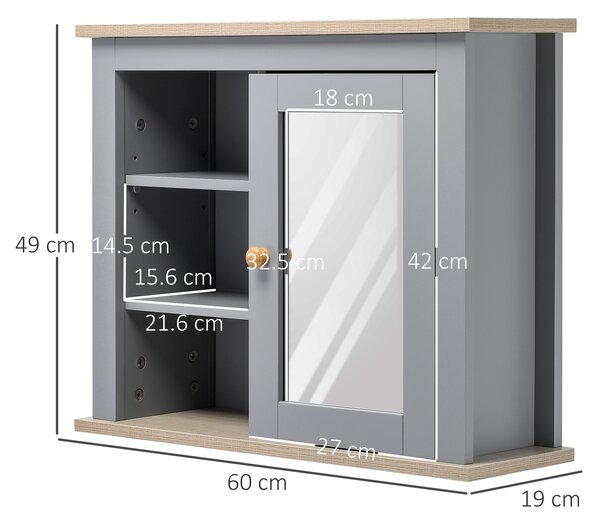 Kleankin Wall-Mounted Mirror Cabinet: Bathroom Storage with Door, Adjustable Shelf, Ideal for Hallways & Living Areas, Grey Aosom UK