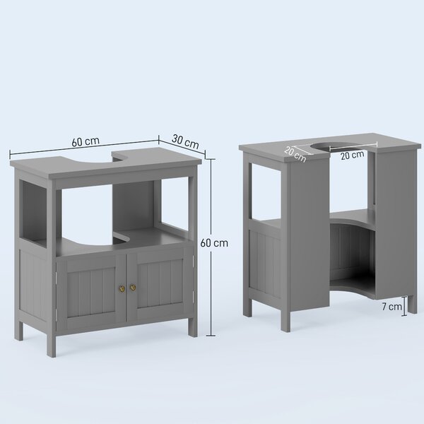 Kleankin Pedestal Under Sink Cabinet, Modern Double Door Bathroom Vanity Storage Unit with Shelves, Light Grey