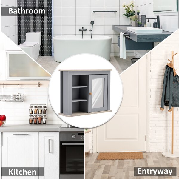 Kleankin Wall-Mounted Mirror Cabinet: Bathroom Storage with Door, Adjustable Shelf, Ideal for Hallways & Living Areas, Grey Aosom UK