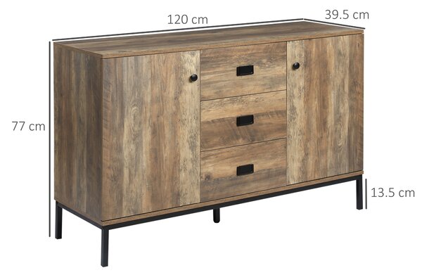 HOMCOM Industrial Sideboard, Storage Cabinet, Accent Cupboard with Drawers, Adjustable Shelves for Kitchen, Dining Room, Living Room, Distressed Brown