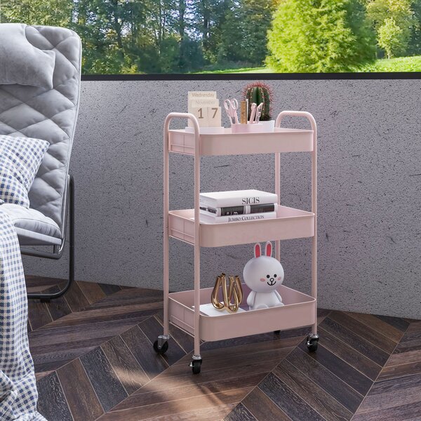 HOMCOM Three-Tier Steel Storage Trolley - Pink Aosom UK
