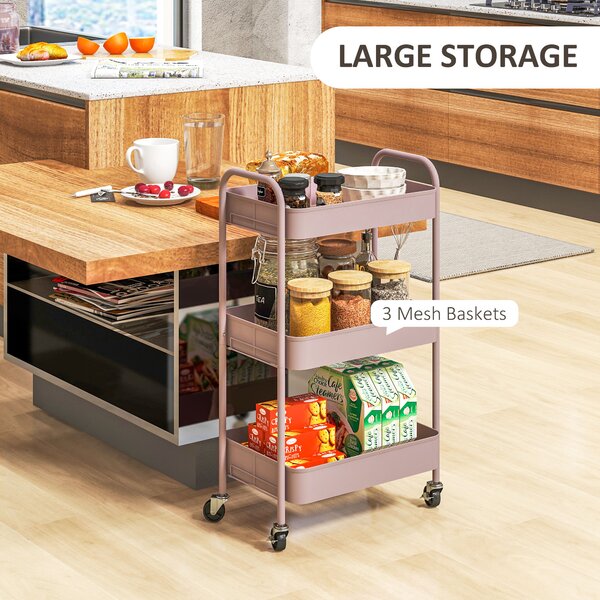HOMCOM Three-Tier Steel Storage Trolley - Pink Aosom UK