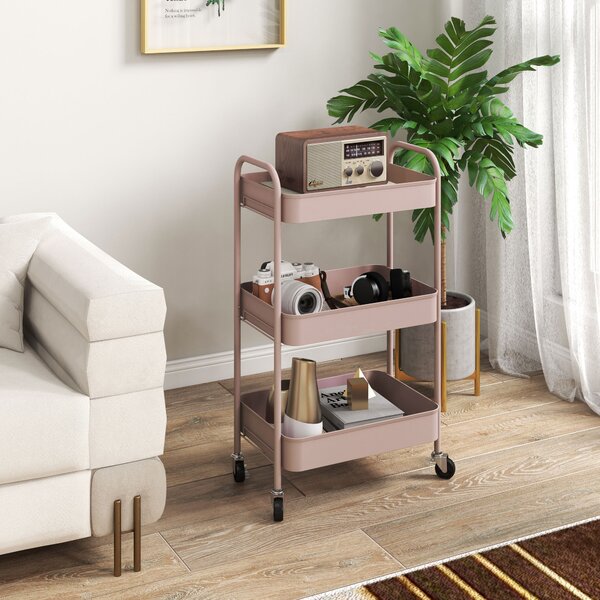 HOMCOM Three-Tier Steel Storage Trolley - Pink Aosom UK