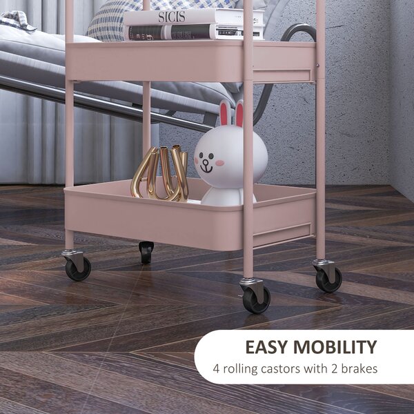 HOMCOM Three-Tier Steel Storage Trolley - Pink Aosom UK