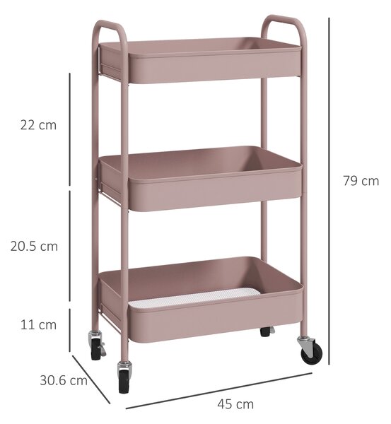 HOMCOM Three-Tier Steel Storage Trolley - Pink Aosom UK