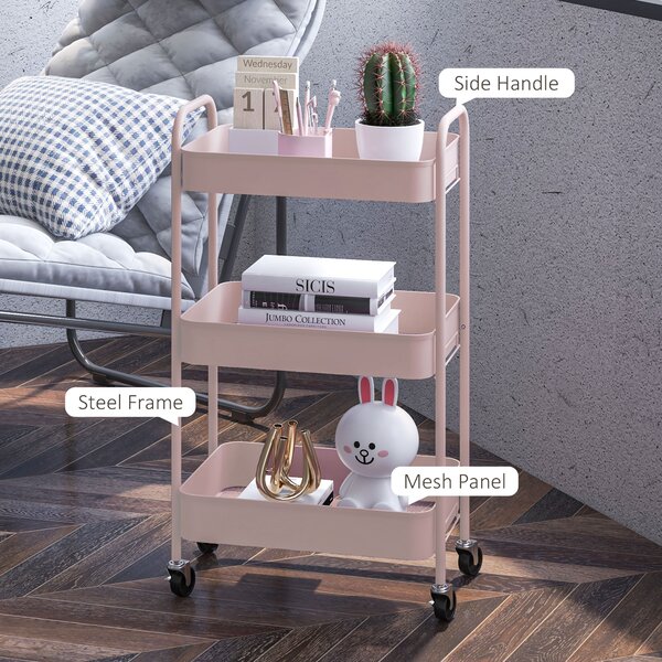 HOMCOM Three-Tier Steel Storage Trolley - Pink Aosom UK
