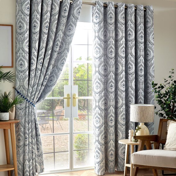 Victoria Triple Woven Ready Made Eyelet Blackout Curtains Blue