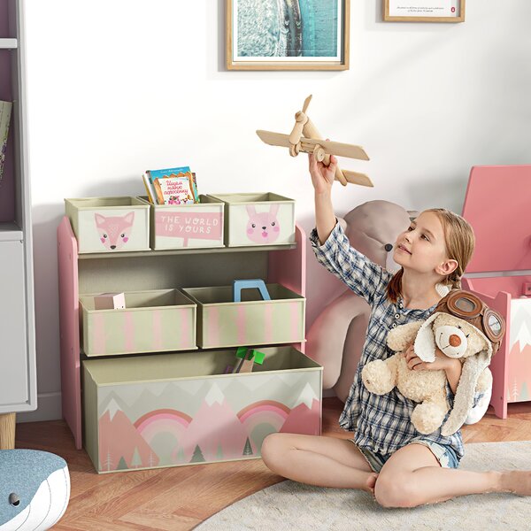 ZONEKIZ Children's Toy Storage Unit with 6 Fabric Bins, Bedroom and Nursery Organiser, 63 x 30 x 66cm, Pink Aosom UK