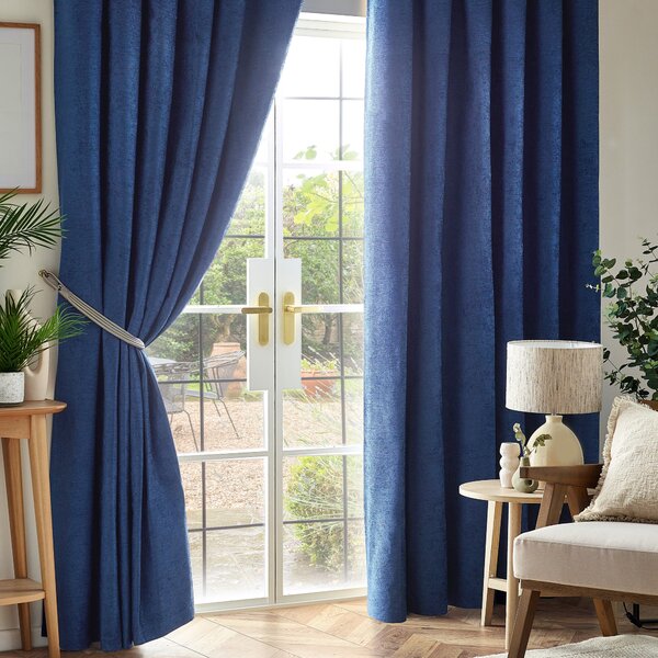 Chenille Triple Woven Ready Made Blackout Curtains Blue