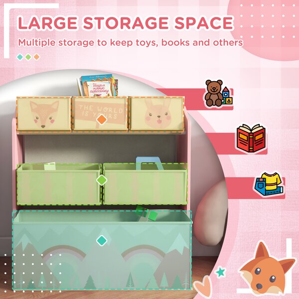 ZONEKIZ Children's Toy Storage Unit with 6 Fabric Bins, Bedroom and Nursery Organiser, 63 x 30 x 66cm, Pink Aosom UK