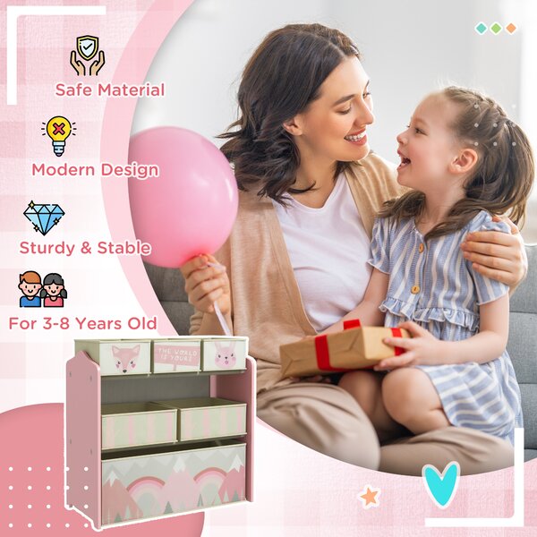 ZONEKIZ Children's Toy Storage Unit with 6 Fabric Bins, Bedroom and Nursery Organiser, 63 x 30 x 66cm, Pink Aosom UK