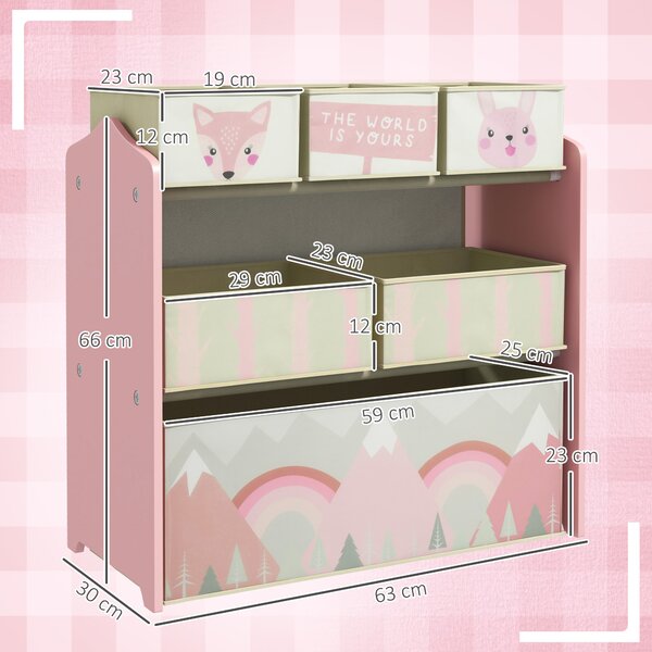 ZONEKIZ Children's Toy Storage Unit with 6 Fabric Bins, Bedroom and Nursery Organiser, 63 x 30 x 66cm, Pink Aosom UK