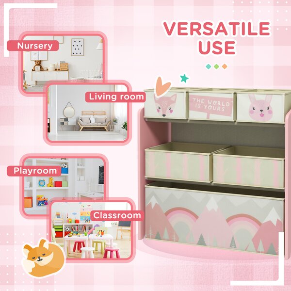 ZONEKIZ Children's Toy Storage Unit with 6 Fabric Bins, Bedroom and Nursery Organiser, 63 x 30 x 66cm, Pink Aosom UK