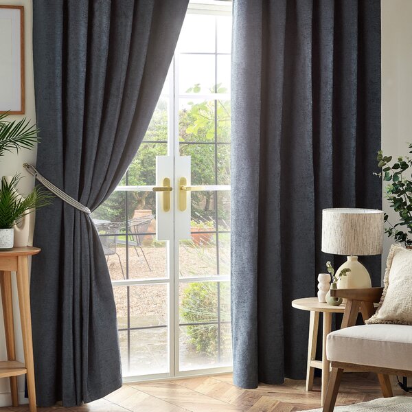 Chenille Triple Woven Ready Made Blackout Curtains Charcoal