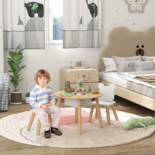 AIYAPLAY 3 Pieces Kids Activity Table Set with Centre Mesh Bag, Bear Shaped Backrest, for Arts, Reading, Dining Aosom UK