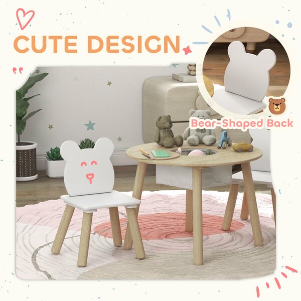 AIYAPLAY 3 Pieces Kids Activity Table Set with Centre Mesh Bag, Bear Shaped Backrest, for Arts, Reading, Dining Aosom UK