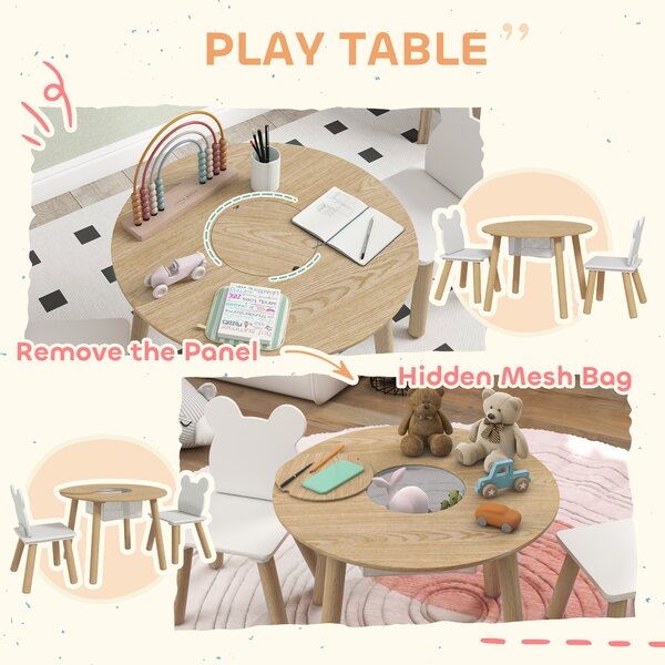 AIYAPLAY 3 Pieces Kids Activity Table Set with Centre Mesh Bag, Bear Shaped Backrest, for Arts, Reading, Dining Aosom UK