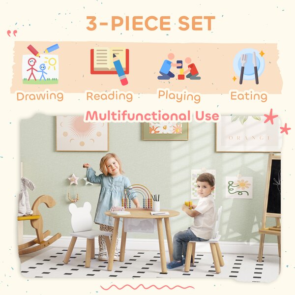 AIYAPLAY 3 Pieces Kids Activity Table Set with Centre Mesh Bag, Bear Shaped Backrest, for Arts, Reading, Dining Aosom UK