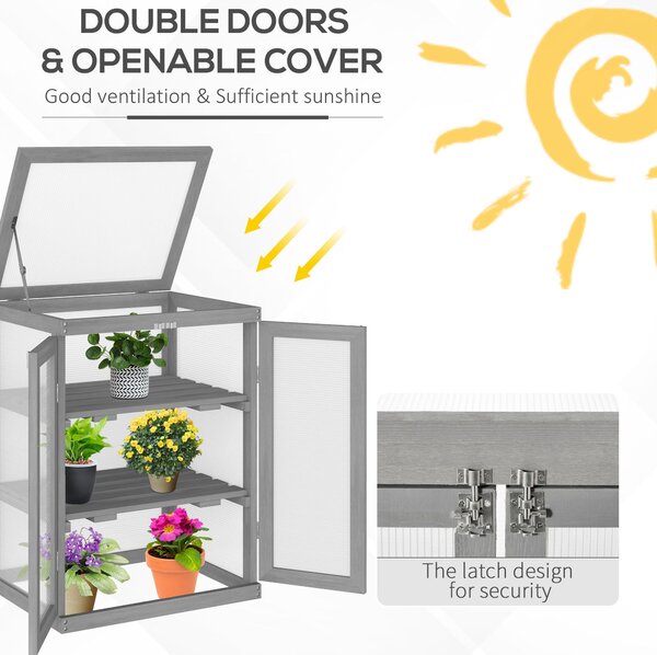 Outsunny 3-tier Wood Greenhouse Garden Polycarbonate Cold Frame Balcony Grow House w/ Storage Shelf for Plants, Flowers, Dark Grey Aosom UK
