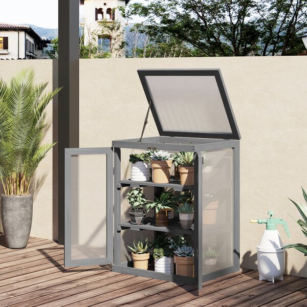 Outsunny 3-tier Wood Greenhouse Garden Polycarbonate Cold Frame Balcony Grow House w/ Storage Shelf for Plants, Flowers, Dark Grey Aosom UK
