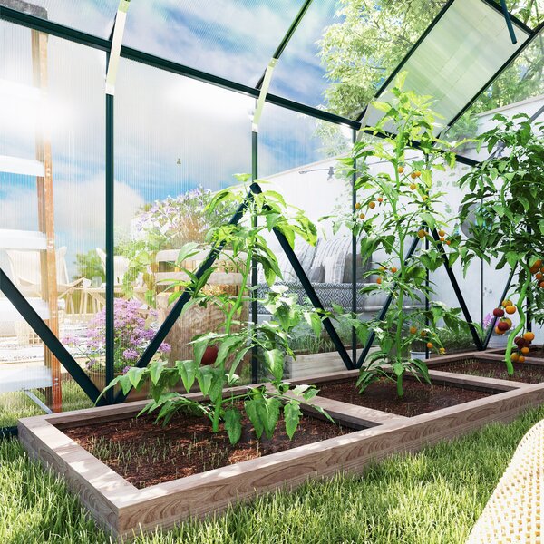 Outsunny Aluminium Greenhouse Polycarbonate Walk-in Garden Greenhouse Kit with Adjustable Roof Vent, Rain Gutter and Foundation, 8 x 12ft, Clear