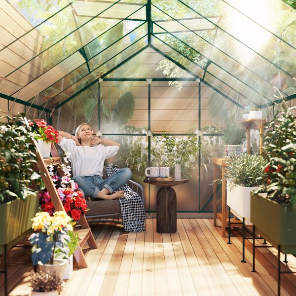 Outsunny Aluminium Greenhouse Polycarbonate Walk-in Garden Greenhouse Kit with Adjustable Roof Vent, Rain Gutter and Foundation, 8 x 12ft, Clear