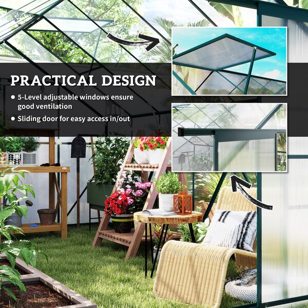 Outsunny Aluminium Greenhouse Polycarbonate Walk-in Garden Greenhouse Kit with Adjustable Roof Vent, Rain Gutter and Foundation, 8 x 12ft, Clear