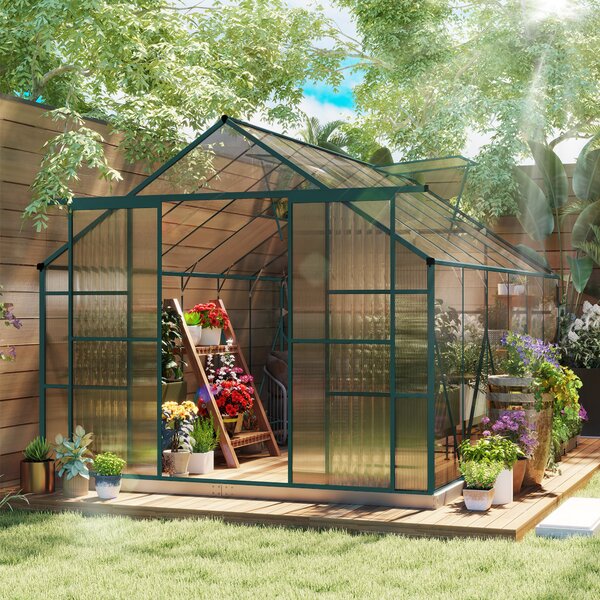 Outsunny Aluminium Greenhouse Polycarbonate Walk-in Garden Greenhouse Kit with Adjustable Roof Vent, Rain Gutter and Foundation, 8 x 12ft, Clear