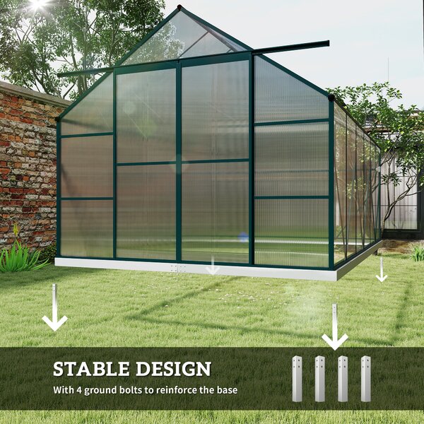 Outsunny Aluminium Greenhouse Polycarbonate Walk-in Garden Greenhouse Kit with Adjustable Roof Vent, Rain Gutter and Foundation, 8 x 12ft, Clear
