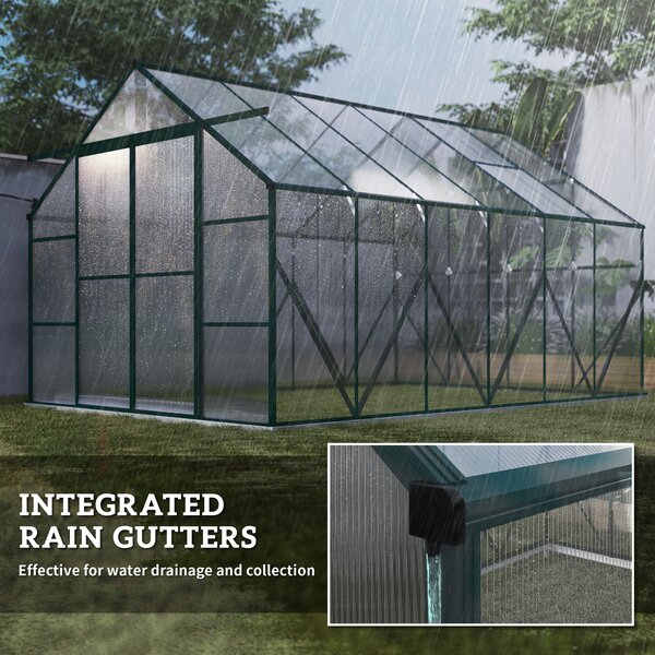 Outsunny Aluminium Greenhouse Polycarbonate Walk-in Garden Greenhouse Kit with Adjustable Roof Vent, Rain Gutter and Foundation, 8 x 12ft, Clear