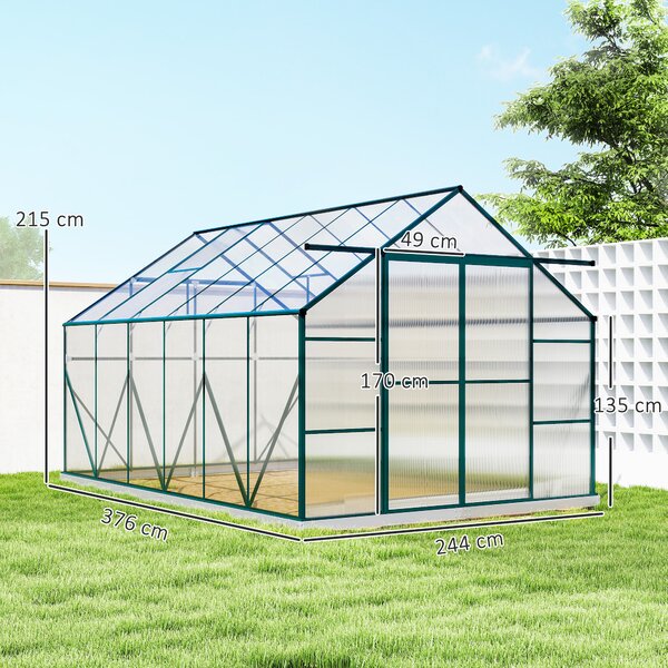 Outsunny Aluminium Greenhouse Polycarbonate Walk-in Garden Greenhouse Kit with Adjustable Roof Vent, Rain Gutter and Foundation, 8 x 12ft, Clear