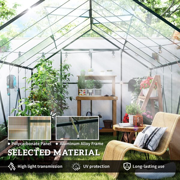 Outsunny Aluminium Greenhouse Polycarbonate Walk-in Garden Greenhouse Kit with Adjustable Roof Vent, Rain Gutter and Foundation, 8 x 12ft, Clear