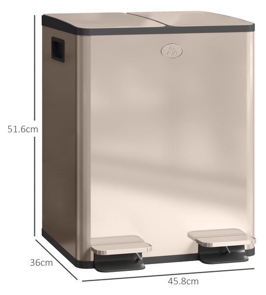 HOMCOM 40L Dual Compartment Stainless Steel Bin, with Deodoriser Holders - Gold Tone