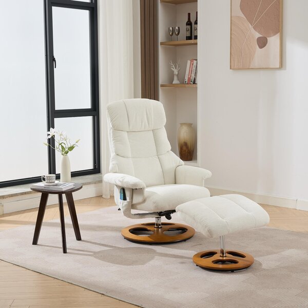 Swivel Massage Recliner with Ottoman Footstool, 5-Point Massager, Ergonomic Backrest, Ideal for Living Room, 88L x 80W x 106H cm, White Aosom.UK