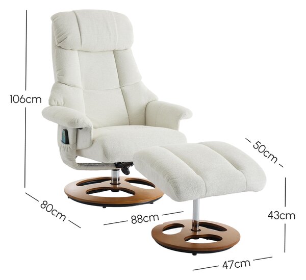 Swivel Massage Recliner with Ottoman Footstool, 5-Point Massager, Ergonomic Backrest, Ideal for Living Room, 88L x 80W x 106H cm, White Aosom.UK