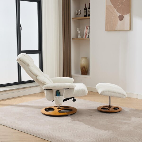 Swivel Massage Recliner with Ottoman Footstool, 5-Point Massager, Ergonomic Backrest, Ideal for Living Room, 88L x 80W x 106H cm, White Aosom.UK