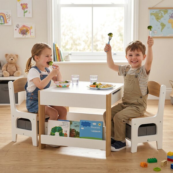 HOMCOM Three-Piece Kids Table and Chair Set with Blackboard, Storage, Bookshelves - Natural Wood