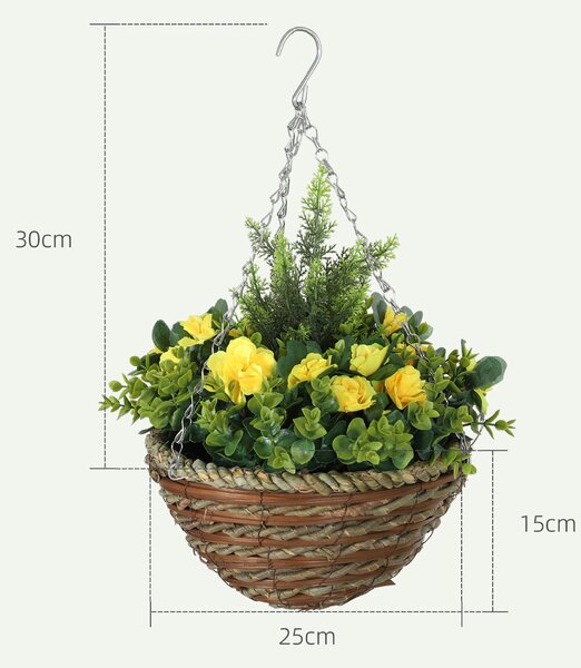 Outsunny Pack of 2 Faux Plant Artificial Lisianthus Flowers Hanging Planter with Basket for Indoor Outdoor Decoration, Yellow