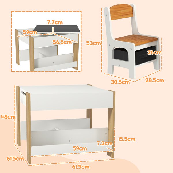 HOMCOM Three-Piece Kids Table and Chair Set with Blackboard, Storage, Bookshelves - Natural Wood