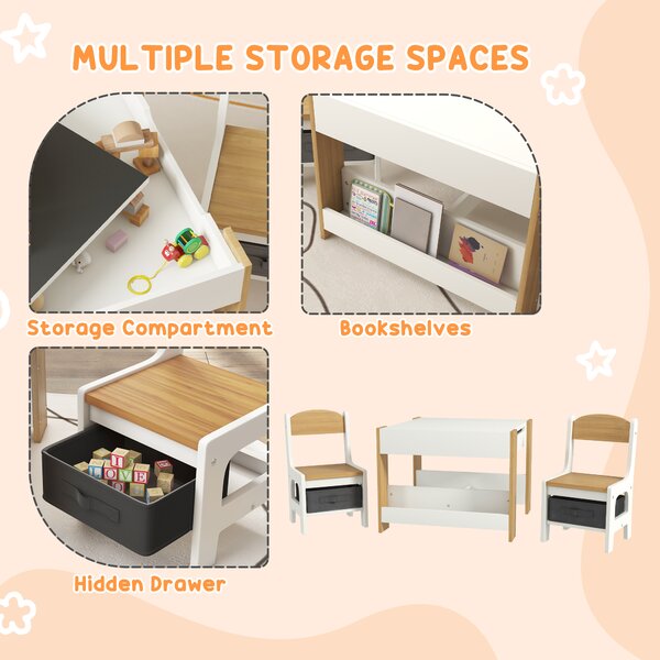 HOMCOM Three-Piece Kids Table and Chair Set with Blackboard, Storage, Bookshelves - Natural Wood