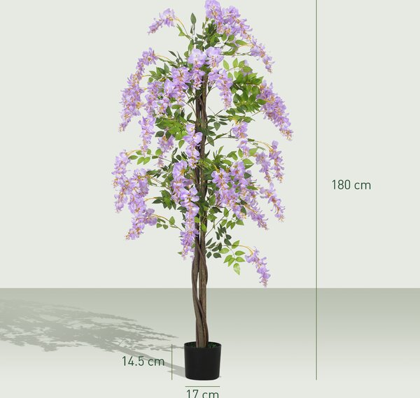 HOMCOM Artificial Wisteria Flower, Tall Fake Plant with 756 Leaves and 54 Flowers in Pot, Decorative Artificial Plant for Home Indoor Decor, 180 cm, Purple