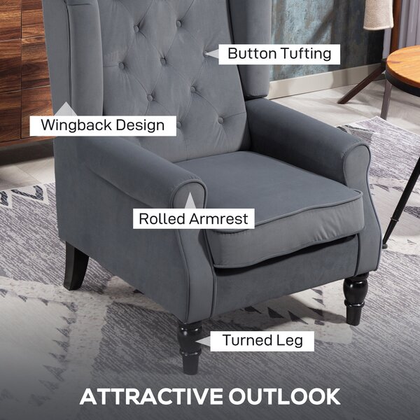 HOMCOM Wingback Accent Chair, Retro Upholstered Button Tufted Occasional Chair for Living Room and Bedroom, Grey Aosom UK
