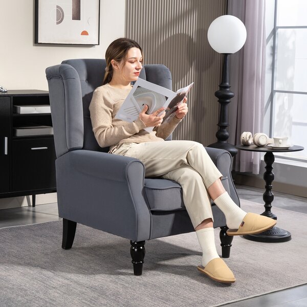 HOMCOM Wingback Accent Chair, Retro Upholstered Button Tufted Occasional Chair for Living Room and Bedroom, Grey Aosom UK