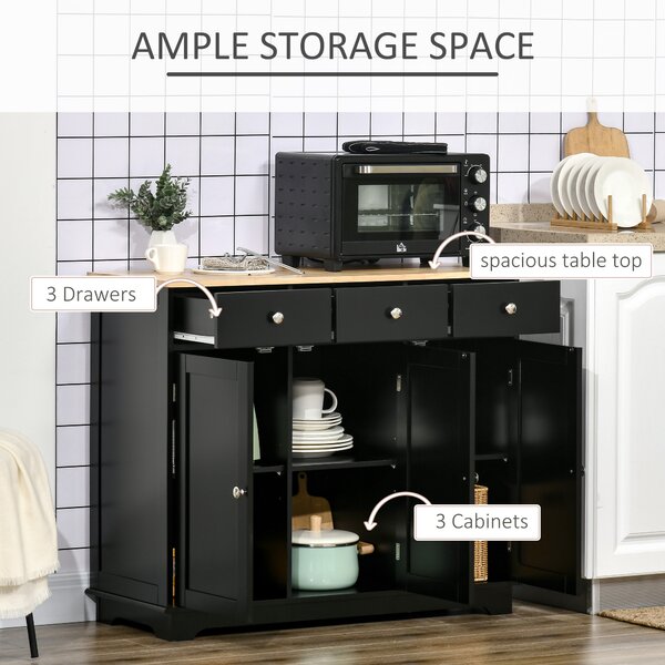 HOMCOM Sideboard with Rubberwood Top and Adjustable Shelves for Dining Room, Kitchen - Black