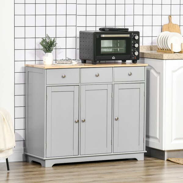 HOMCOM Sideboard with Rubberwood Top and Independent Storage Shelves - Grey
