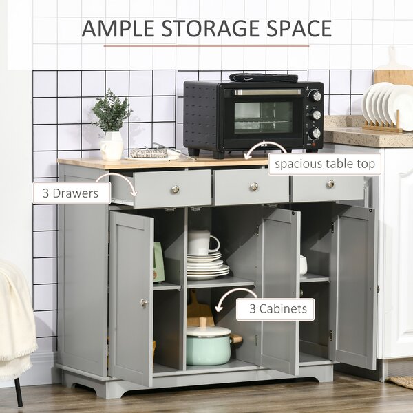 HOMCOM Sideboard with Rubberwood Top and Independent Storage Shelves - Grey