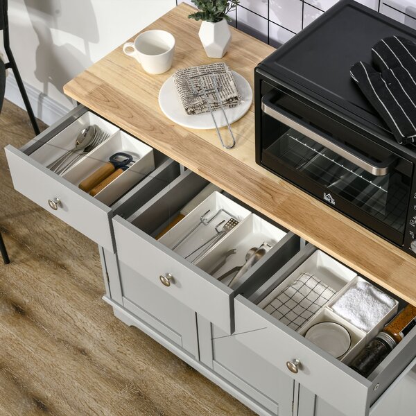 HOMCOM Sideboard with Rubberwood Top and Independent Storage Shelves - Grey