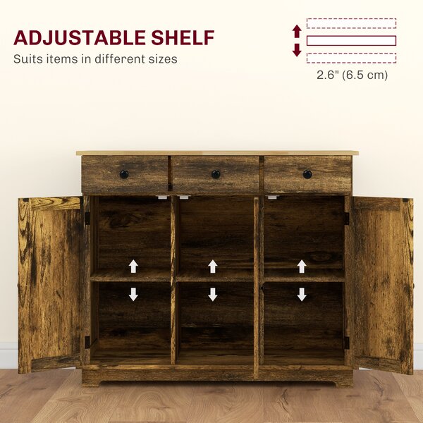 HOMCOM Sideboard with Rubberwood Top and Adjustable Shelves for Dining Room, Kitchen - Rustic Brown