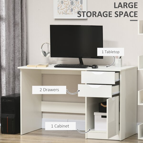 HOMCOM High Gloss Computer Desk with Drawers, Modern Writing Workstation with Storage Cabinet, PC Study Table for, Office, Study, White Aosom UK
